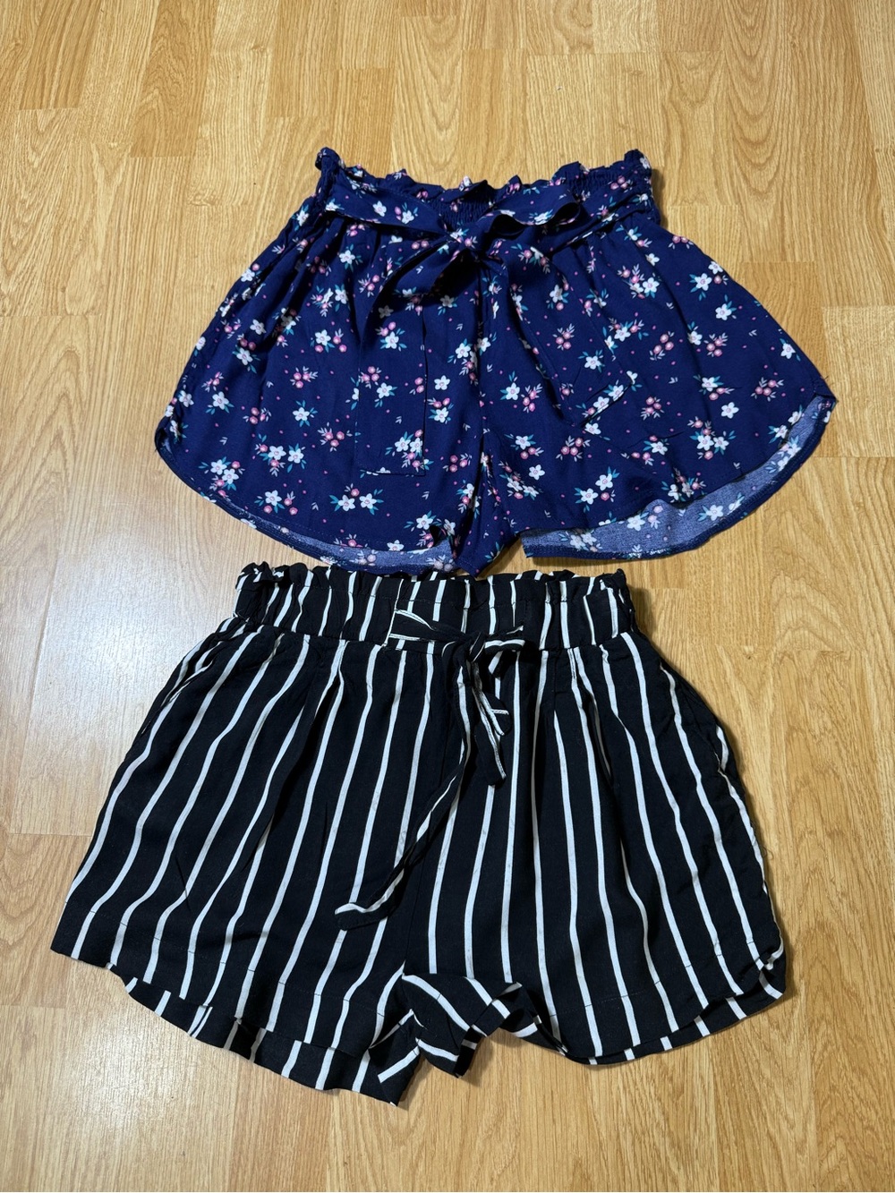 Bundle of 2 Navy Floral and Black Stripe High Waist Women’s Shorts - Size M